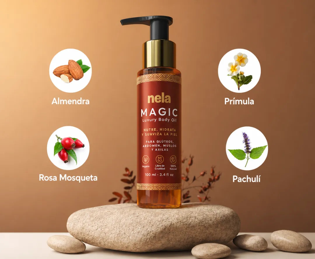 Aceite Corporal Mágico Nela con almendra, prímula, rosa mosqueta y pachulí